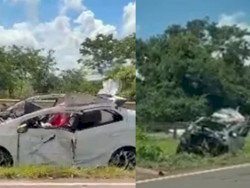 Carro fica destruído após atingir guard-rail e 2 pessoas são socorridas